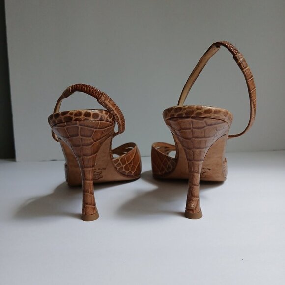 Brown Leather Reptile Print Cut Out PeepToe Sling-Back High Kitten heels Sz 8.5 - Picture 3 of 9